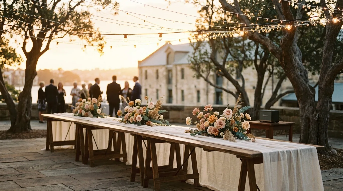 Sydney harbourside wedding reception at golden hour
