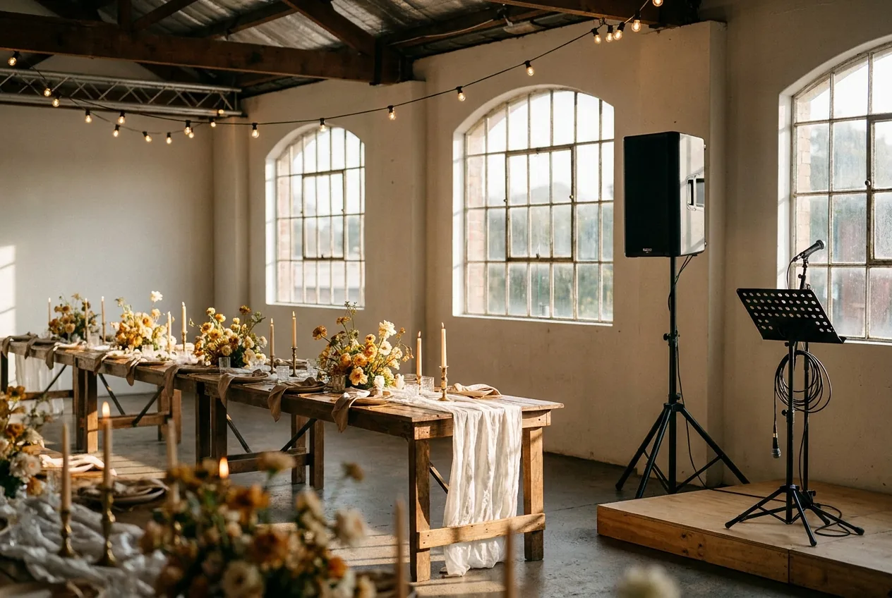 A Sydney wedding venue dressed and ready, with a pro PA speaker, microphone and music stand set up on a raised platform
